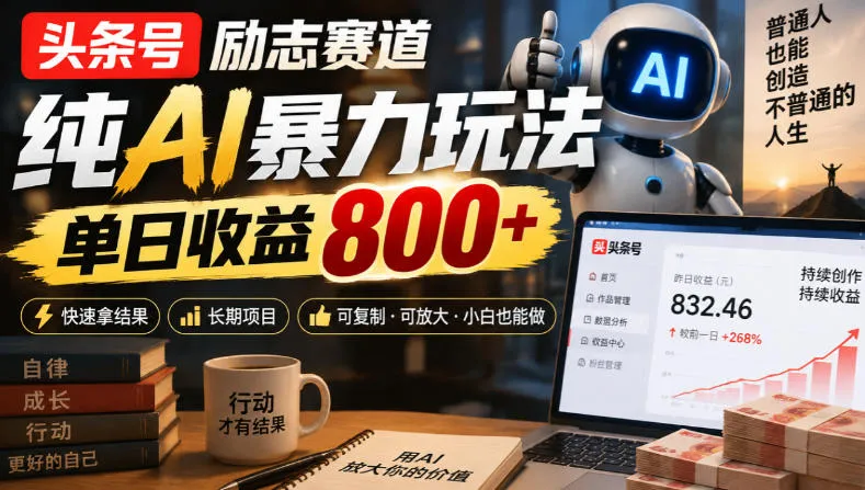 头条号励志赛道，纯AI暴力玩法，单日收益800+，快速拿结果，长期项目-小优资源网