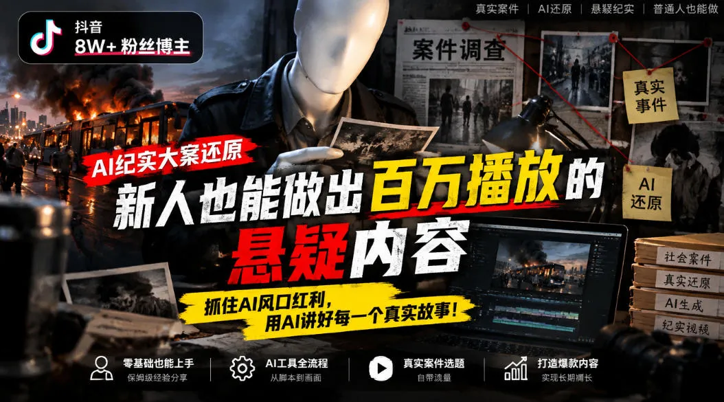 抖音8W粉丝博主的AI纪实大案还原教学,新人也能做出百W播放的悬疑内容,抓住AI风口红利,用AI讲好每一个真实故事(更新1014)-小优资源网