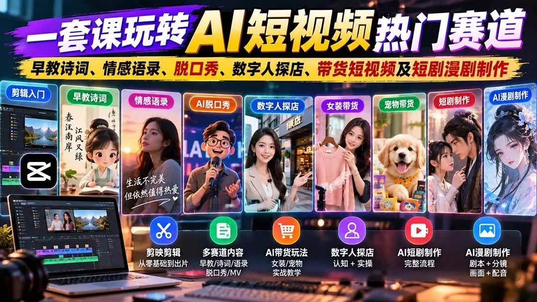 (20964期)一套课玩转AI短视频热门赛道:早教诗词、情感语录、脱口秀、数字人探店、带货短视频及短剧漫剧制作 复制标题-小优资源网