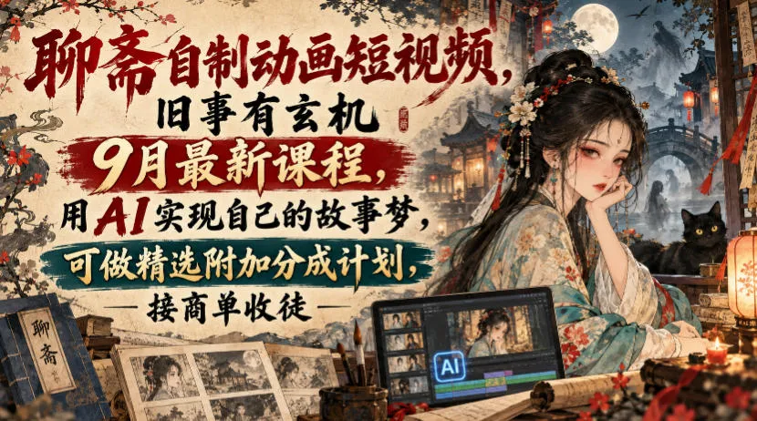 聊斋自制动画短视频,旧事有玄机9月最新课程,用AI实现自己的故事梦,可做精选附加分成计划,接商单收徒-小优资源网