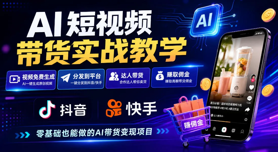 AI短视频带货实战教学,视频免费生成,分发到抖音快手平台,达人带货賺佣金 AI短视频带货实战教学,视频免费生成,分发到抖音快手平台,达人带货賺佣金