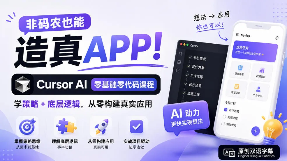 非码农也能造真APP!Cursor AI零基础零代码课程:学策略+底层逻辑,从零构建真实应用【原创双语字幕】-小优资源网