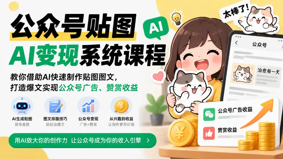 公众号贴图AI变现系统课程｜教你借助AI快速制作贴图图文，打造爆文实现公众号广告、赞赏收益-小优资源网