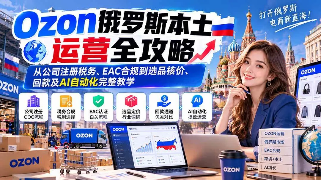 （20851期）Ozon俄罗斯本土运营全攻略：从公司注册税务、EAC合规到选品核价、回款及AI自动化完整教学-小优资源网