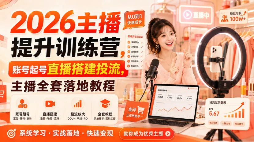 2026主播提升训练营，账号起号直播搭建投流，主播全套落地教程-小优资源网