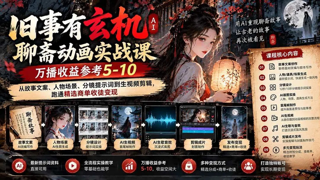 (20789期)旧事有玄机AI聊斋动画实战9月新课:万播收益参考5-10,从故事文案、人物场景到分镜生视频,跑通精选商单收徒 (20789期)旧事有玄机AI聊斋动画实战9月新课:万播收益参考5-10,从故事文案、人物场景到分镜生视频,跑通精选商单收徒