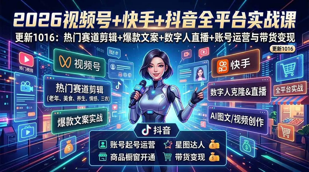 (20997期)视频号+快手+抖音三大平台的全栈剪辑+数字人直播实战课-3月更新:快速实现短视频变现-小优资源网