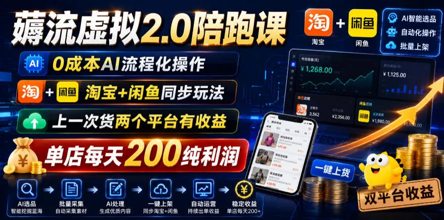 薅流虚拟2.0陪跑课,0成本AI流程化操作,淘宝+闲鱼同步玩法,上一次货两个平台有收益,单店每天200纯利润-小优资源网