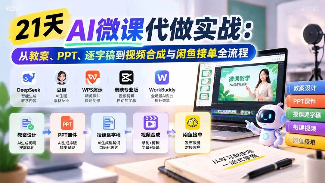 （21065期）21天AI微课代做实战：从教案、PPT、逐字稿到视频合成与闲鱼接单全流程-小优资源网