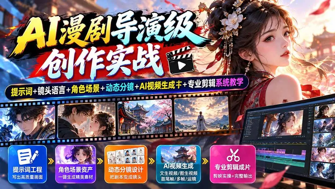 (20814期)AI漫剧导演级创作实战:提示词+镜头语言+角色场景+动态分镜+AI视频生成+专业剪辑系统教学-小优资源网