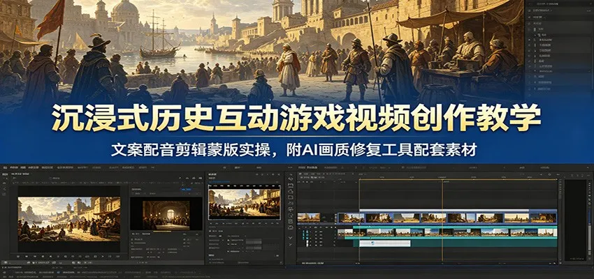 沉浸式历史互动游戏视频创作教学:文案配音剪辑蒙版实操,附AI画质修复工具配套素材-小优资源网