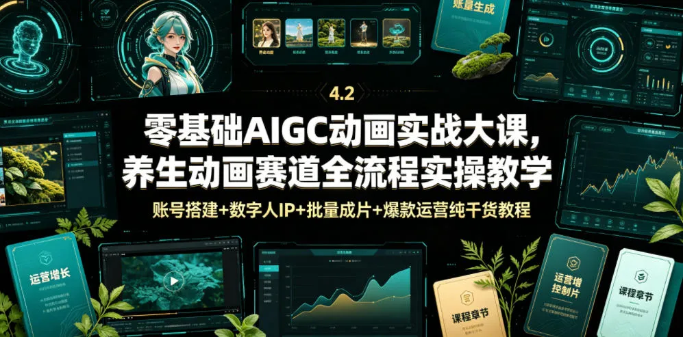 零基础AIGC动画实战大课，养生动画赛道全流程实操教学，账号搭建+数字人IP+批量成片+爆款运营纯干货教程-小优资源网