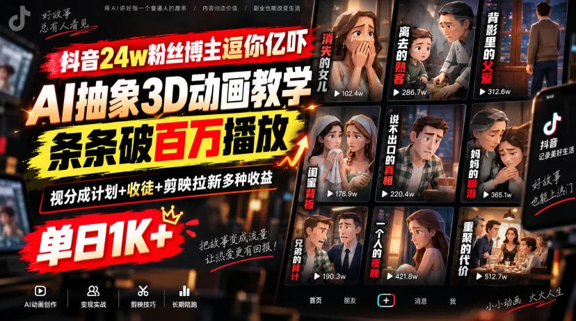 抖音24w粉丝博主逗你亿吓AI抽象3D动画教学,条条破百万播放,分成计划+收徒+剪映拉新多种收益,单日1K+-小优资源网