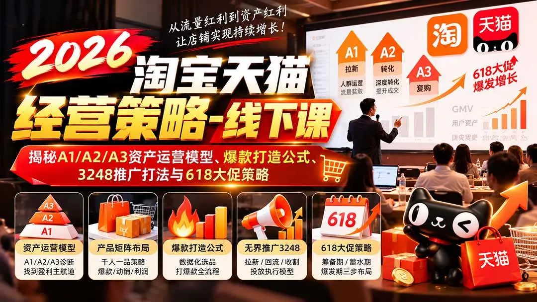 （20912期）2026淘宝天猫经营策略-线下课：揭秘A1/A2/A3资产运营模型、爆款打造公式、3248推广打法与618大促策略-小优资源网