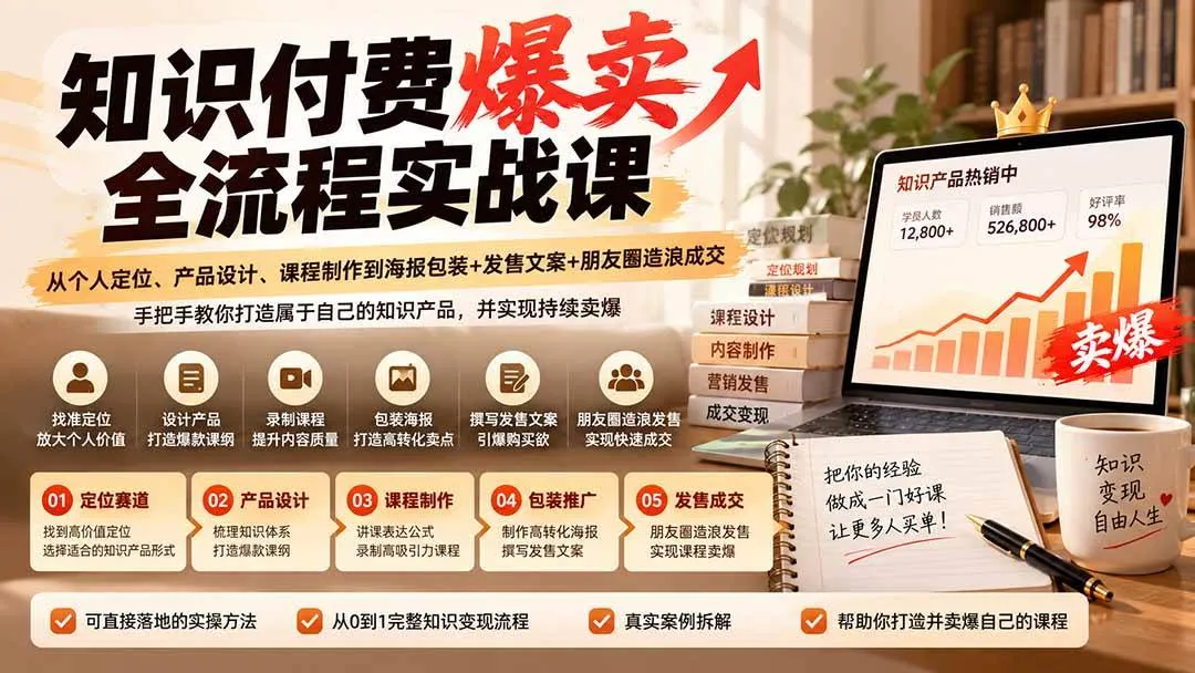 (20787期)【无水印】知识付费爆卖全流程实战课:从个人定位、产品设计、课程制作到海报包装+发售文案+朋友圈造浪成交 (20787期)【无水印】知识付费爆卖全流程实战课:从个人定位、产品设计、课程制作到海报包装+发售文案+朋友圈造浪成交