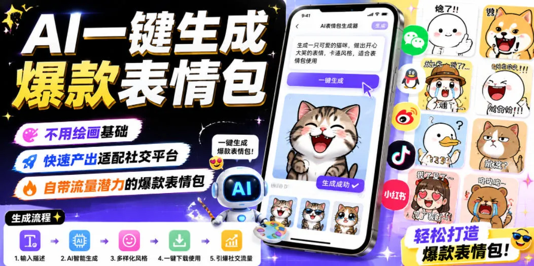 AI一键生成爆款表情包，不用绘画基础，快速产出适配社交平台，自带流量潜力的爆款表情包-小优资源网