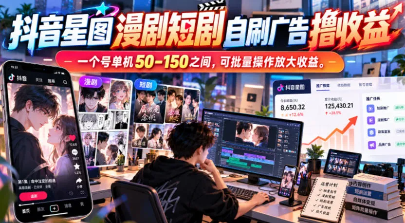 抖音星图漫剧短剧自刷广告撸收益，一个号单机50-150之间，可批量操作放大收益-小优资源网