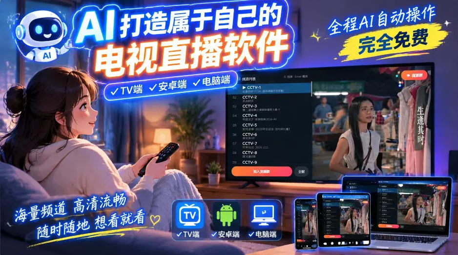 一个提示词，AI全自动做出电视直播软件，电脑、安卓、电视三端通用，完全免费，画质流畅不卡顿-小优资源网