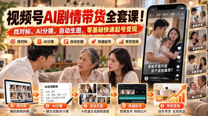 视频号AI剧情带货全套课!找对标、AI分镜、自动生图,零基础快速起号变现-小优资源网