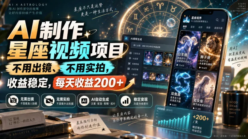 AI制作星座视频项目,不用出镜、不用实拍,收益稳定,每天收益200+