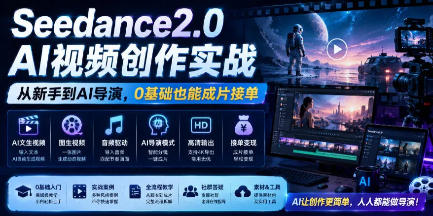 Seedance2.0 AI视频创作实战,从新手到AI导演,0基础也能成片接单变现-小优资源网