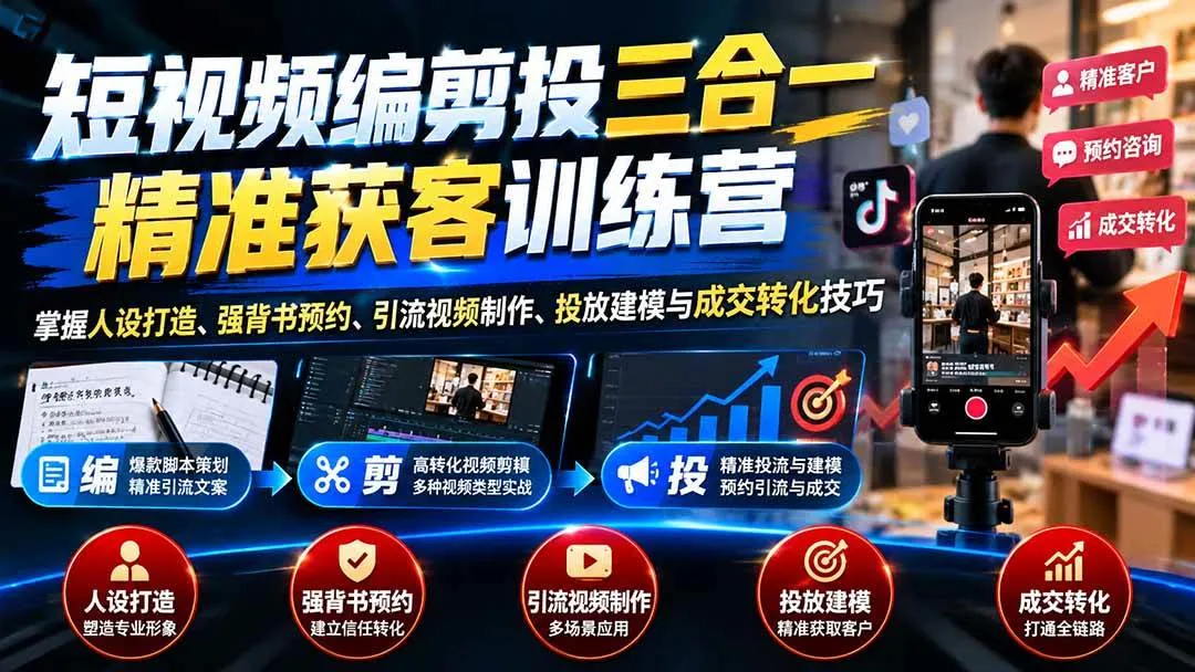 （20910期）短视频编剪投三合一精准获客训练营：掌握人设打造、强背书预约、引流视频制作、投放建模与成交转化技巧-小优资源网