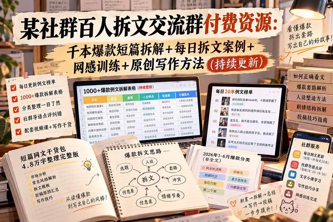 (20635期)某社群百人拆文交流群付费资源:千本爆款短篇拆解+每日拆文案例+网感训练+原创写作方法 (持续更新)-小优资源网