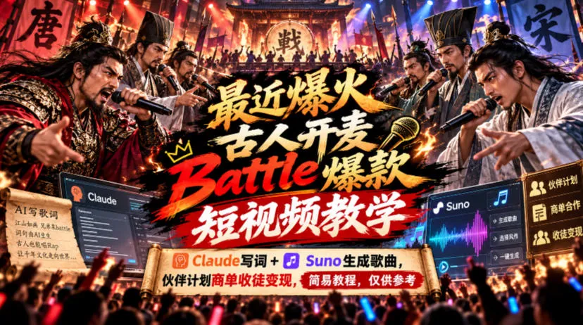 最近爆火古人开麦Battle爆款短视频教学,Claude写词+Suno生成歌曲,伙伴计划商单收徒变现,简易教程,仅供参考-小优资源网