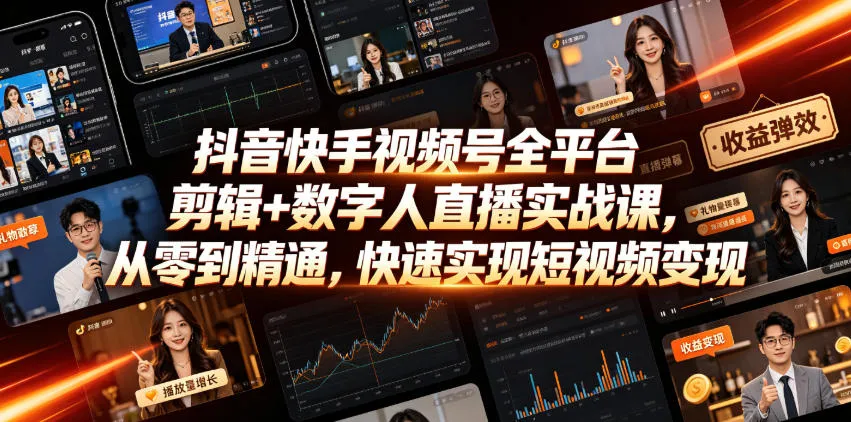 抖音快手视频号全平台剪辑+数字人直播实战课,从零到精通,快速实现短视频变现(更新2026年10月)-小优资源网