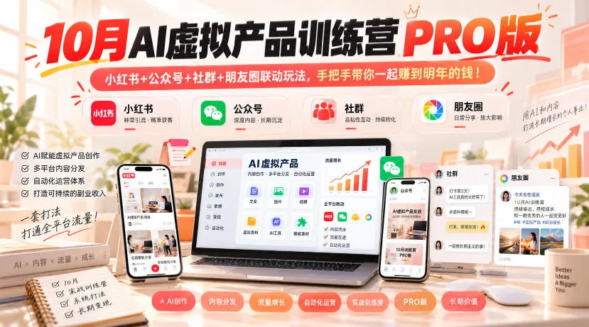 10月AI虚拟产品训练营PRO版,小红书+公众号+社群+朋友圈联动玩法,手把手带你一起赚到明年的钱! 10月AI虚拟产品训练营PRO版,小红书+公众号+社群+朋友圈联动玩法,手把手带你一起赚到明年的钱!