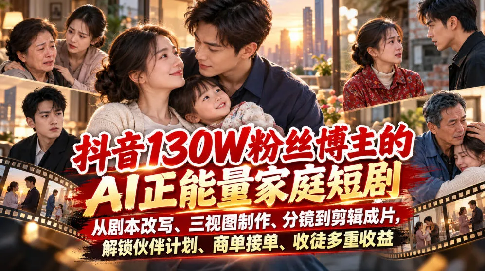 抖音130W粉丝博主的AI正能量家庭短剧,从剧本改写、三视图制作、分镜到剪辑成片,解锁伙伴计划、商单接单、收徒多重收益 抖音130W粉丝博主的AI正能量家庭短剧,从剧本改写、三视图制作、分镜到剪辑成片,解锁伙伴计划、商单接单、收徒多重收益
