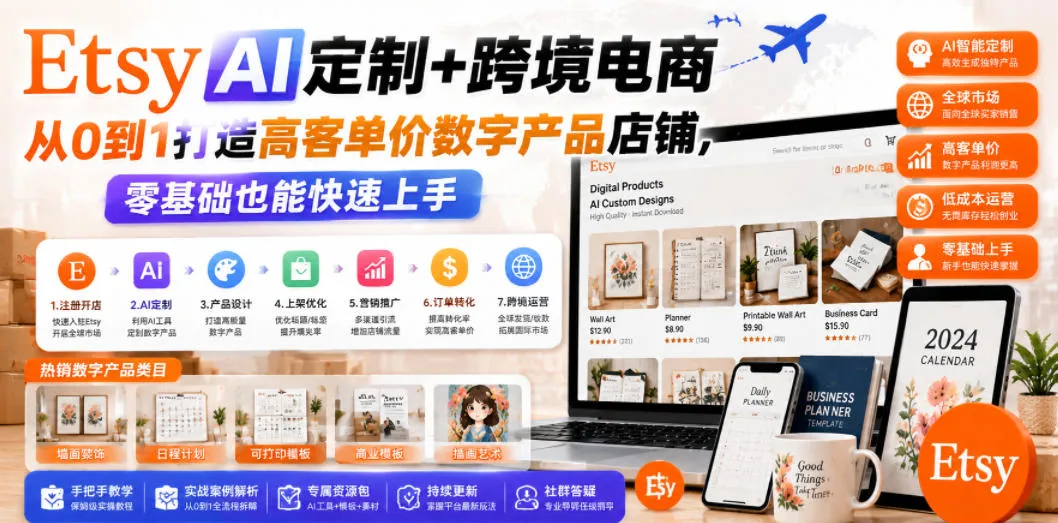 Etsy AI定制+跨境电商，从0到1打造高客单价数字产品店铺，零基础也能快速上手-小优资源网