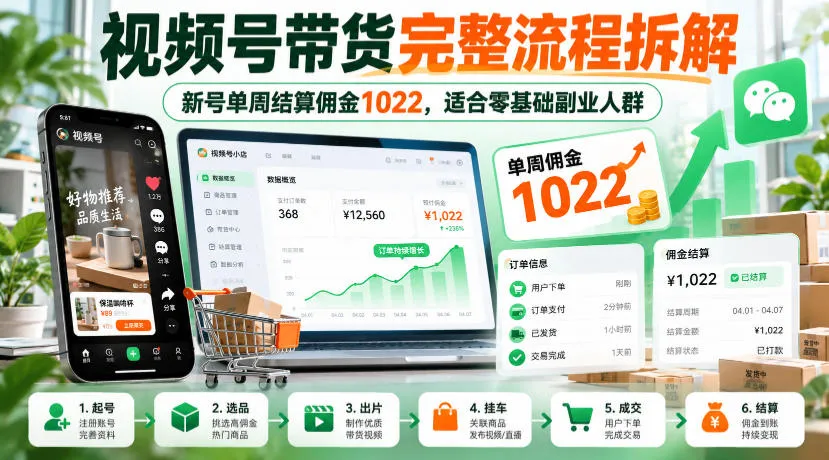 视频号带货完整流程拆解,新号单周结算佣金1022,适合零基础副业人群-小优资源网