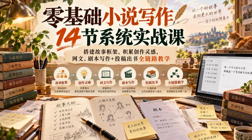 零基础小说写作14节系统实战课,搭建故事框架,积累创作灵感,网文、剧本写作+投稿出书全链路教学 零基础小说写作14节系统实战课,搭建故事框架,积累创作灵感,网文、剧本写作+投稿出书全链路教学