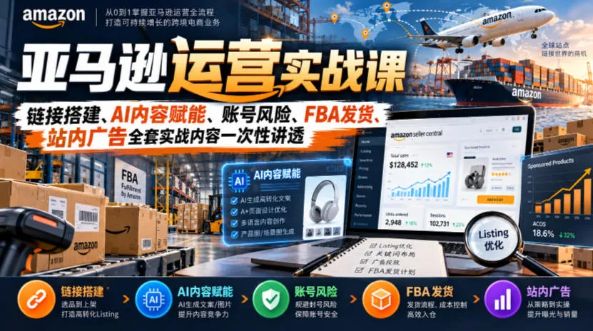 亚马逊运营实战课,链接搭建、AI内容赋能、账号风险、FBA发货、站内广告全套实战内容一次性讲透 亚马逊运营实战课,链接搭建、AI内容赋能、账号风险、FBA发货、站内广告全套实战内容一次性讲透