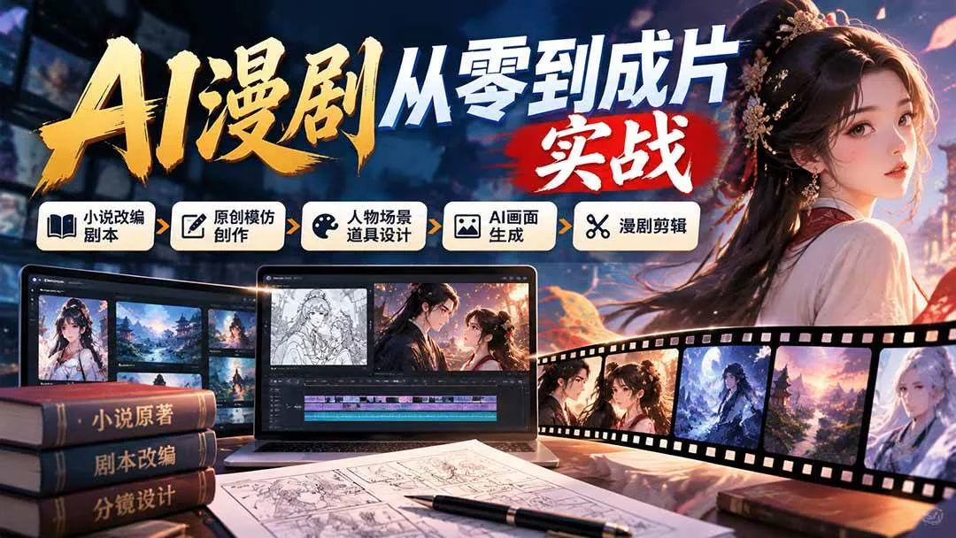 (21069期)AI漫剧从零到成片实战:小说改编剧本、原创模仿创作、人物场景道具设计、AI画面生成与漫剧剪辑-小优资源网