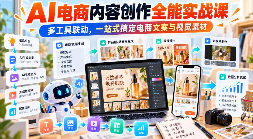 【无水印】AI电商内容创作全能实战课|多工具联动,一站式搞定电商文案与视觉素材 【无水印】AI电商内容创作全能实战课|多工具联动,一站式搞定电商文案与视觉素材