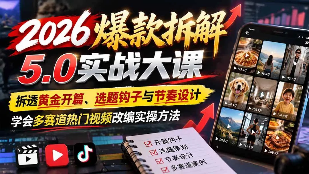 (21110期)2026爆款拆解5.0实战大课:拆透黄金开篇、选题钩子与节奏设计,学会多赛道热门视频改编实操方法 (21110期)2026爆款拆解5.0实战大课:拆透黄金开篇、选题钩子与节奏设计,学会多赛道热门视频改编实操方法