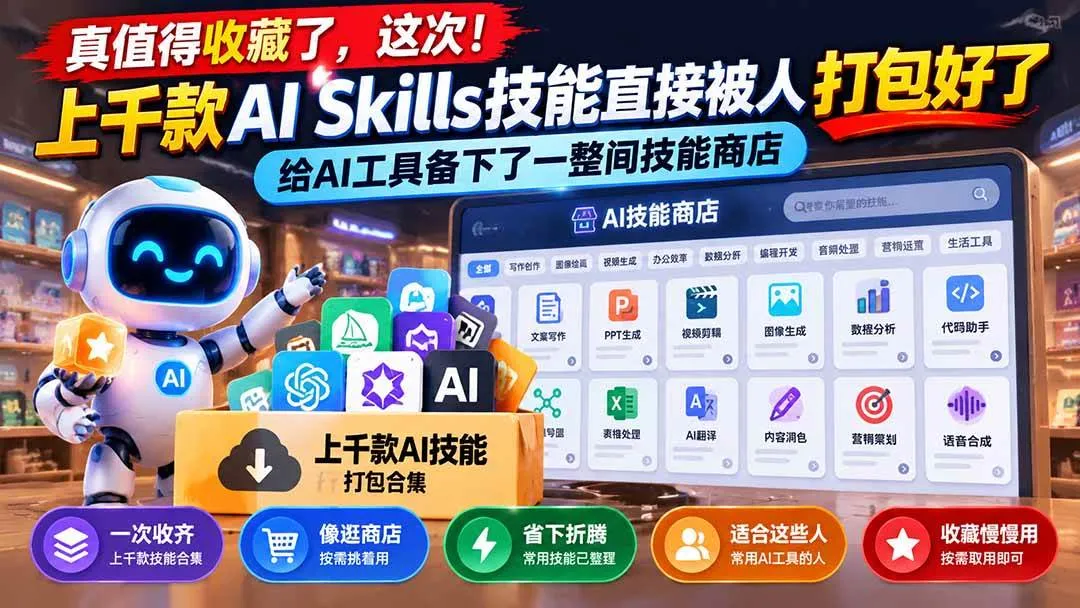 (21096期)真值得收藏了,这次!上千款AI Skills技能直接被人打包好了,给AI工具备下了一整间技能商店 (21096期)真值得收藏了,这次!上千款AI Skills技能直接被人打包好了,给AI工具备下了一整间技能商店