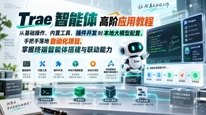 Trae智能体高阶应用教程,从基础操作、内置工具、插件开发到本地大模型配置,手把手落地自动化项目-小优资源网