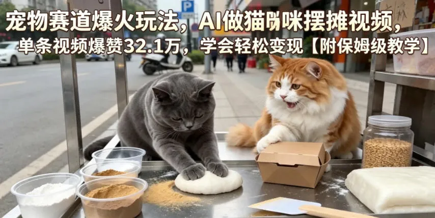 宠物赛道爆火玩法,AI做猫咪摆摊视频,单条视频爆赞32.1万,学会轻松变现【附保姆级教学】-小优资源网