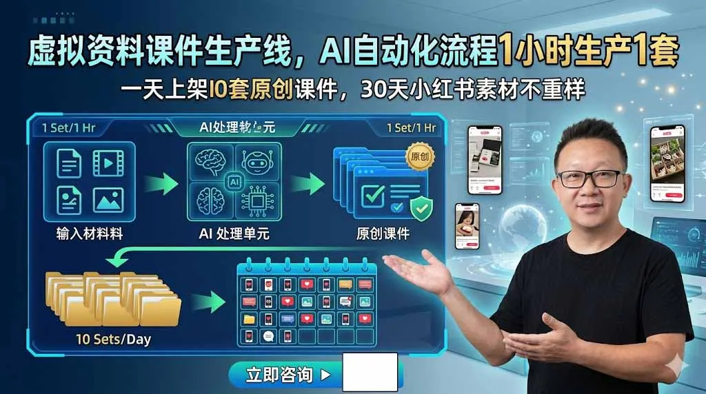 虚拟资料课件生产线，AI自动化流程1小时生产1套，一天上架10套原创课件，30天小红书素材不重样-小优资源网