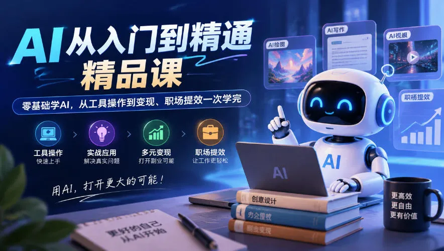 AI从入门到精通精品课，零基础学AI，从工具操作到变现、职场提效一次学完-小优资源网