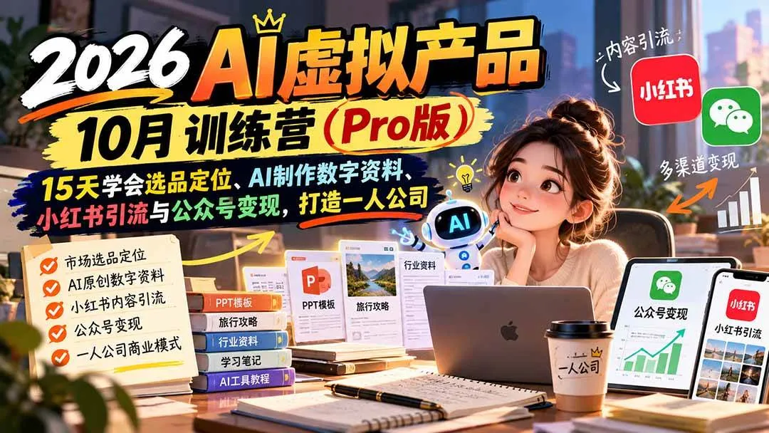 （21054期）2026AI虚拟产品10月训练营（Pro版）：15天学会选品定位、AI制作数字资料、小红书引流与公众号变现，打造一人公司-小优资源网