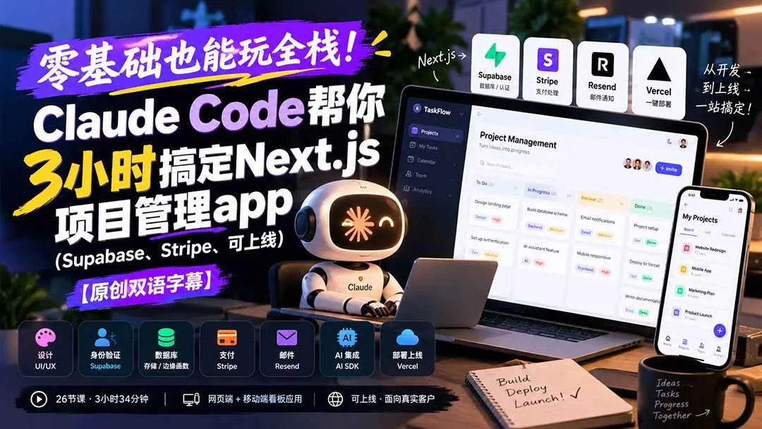 （20907期）零基础也能玩全栈！Claude Code帮你3小时搞定Next.js项目管理app（Supabase、Stripe、可上线）【原创双语字幕】-小优资源网