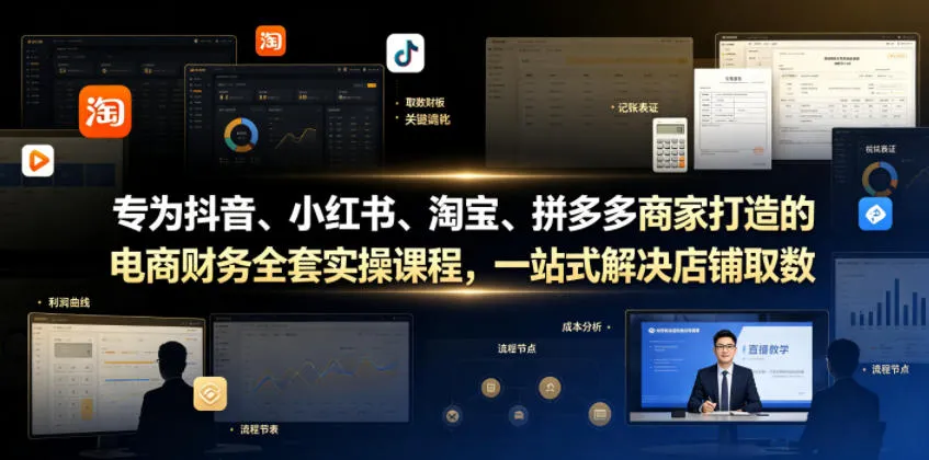 专为抖音、小红书、淘宝、拼多多商家打造的电商财务全套实操课程,一站式解决店铺取数、记账、报税全流程难题 专为抖音、小红书、淘宝、拼多多商家打造的电商财务全套实操课程,一站式解决店铺取数、记账、报税全流程难题