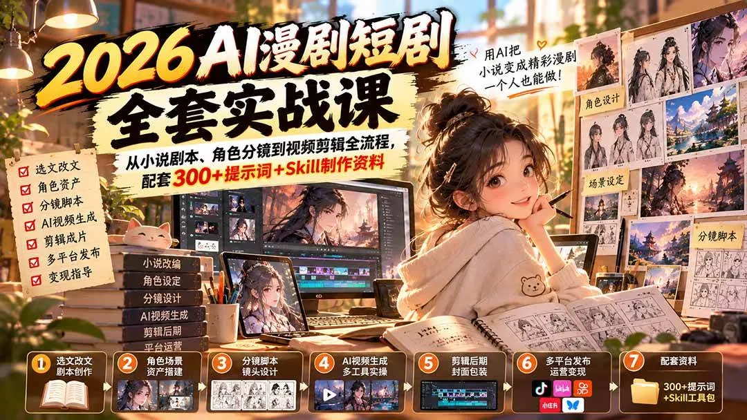 (20629期)2026AI漫剧短剧全套实战课:从小说剧本、角色分镜到视频剪辑全流程,配套300+提示词+Skill制作资料 (20629期)2026AI漫剧短剧全套实战课:从小说剧本、角色分镜到视频剪辑全流程,配套300+提示词+Skill制作资料