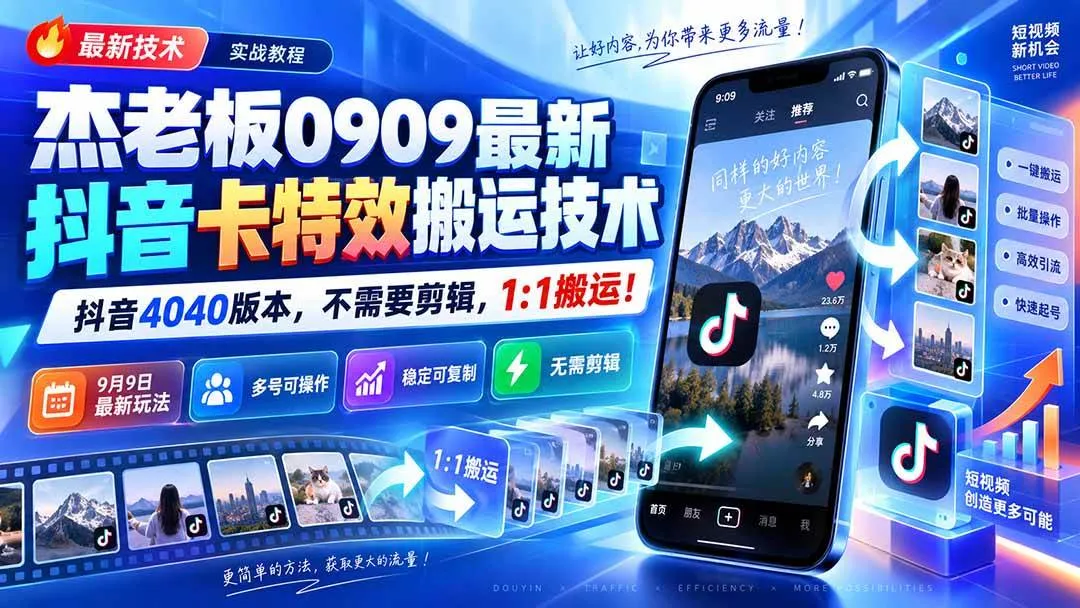 （20369期）杰老板0909最新抖音卡特效搬运技术，抖音4040版本，不需要剪辑，1:1搬运！-小优资源网