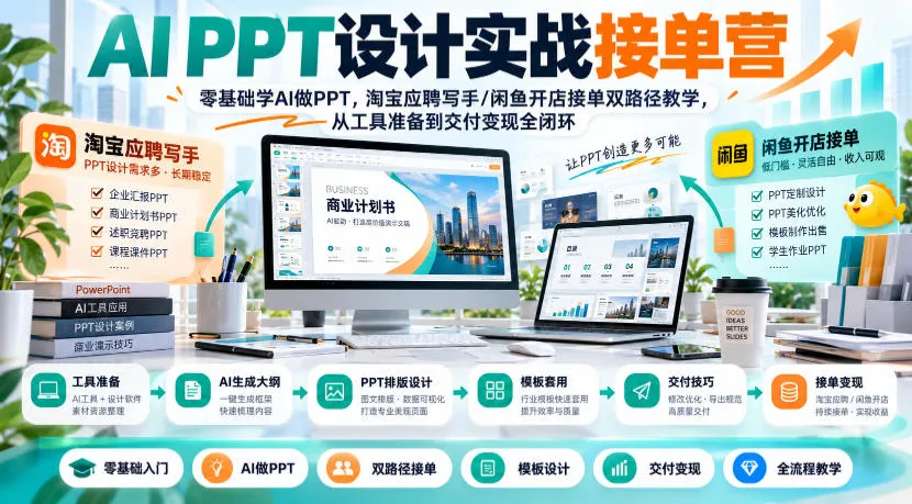 AI PPT设计实战接单营｜零基础学AI做PPT，淘宝应聘写手/闲鱼开店接单双路径教学，从工具准备到交付变现全闭环-小优资源网