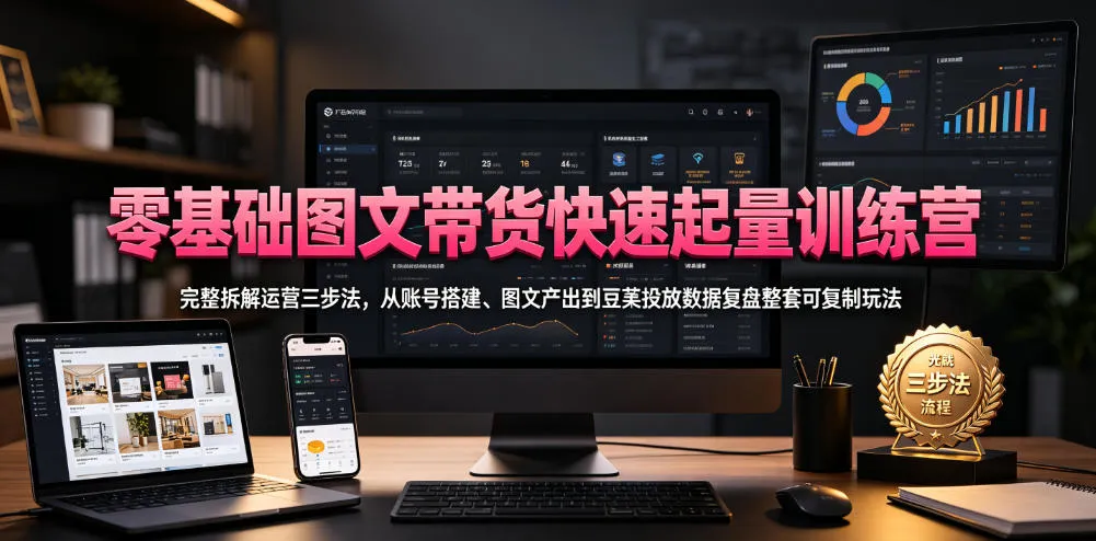 零基础图文带货快速起量训练营，完整拆解运营三步法，从账号搭建、图文产出到豆荚投放数据复盘整套可复制玩法-小优资源网